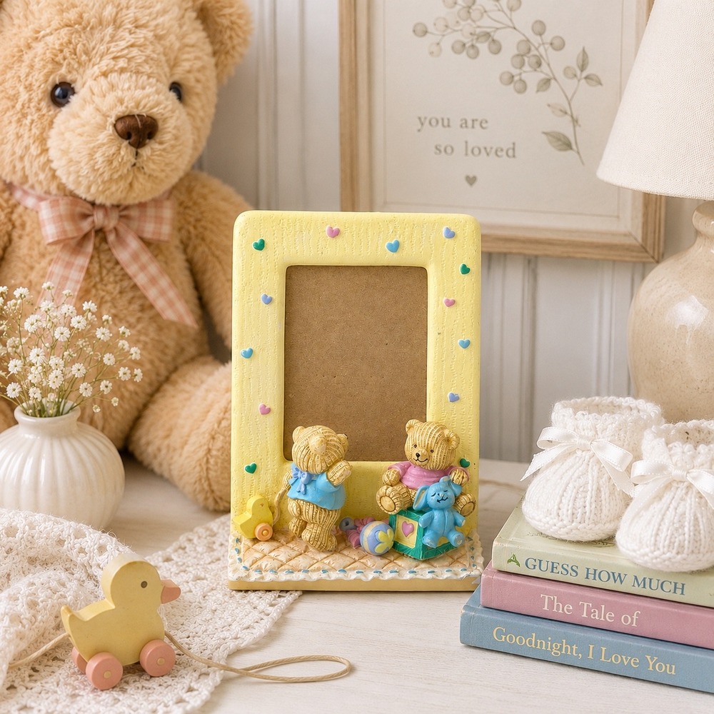 Vintage Russ Berrie Teddy Bear Picture Frame Nursery Decor Baby Shower Gift 2x3